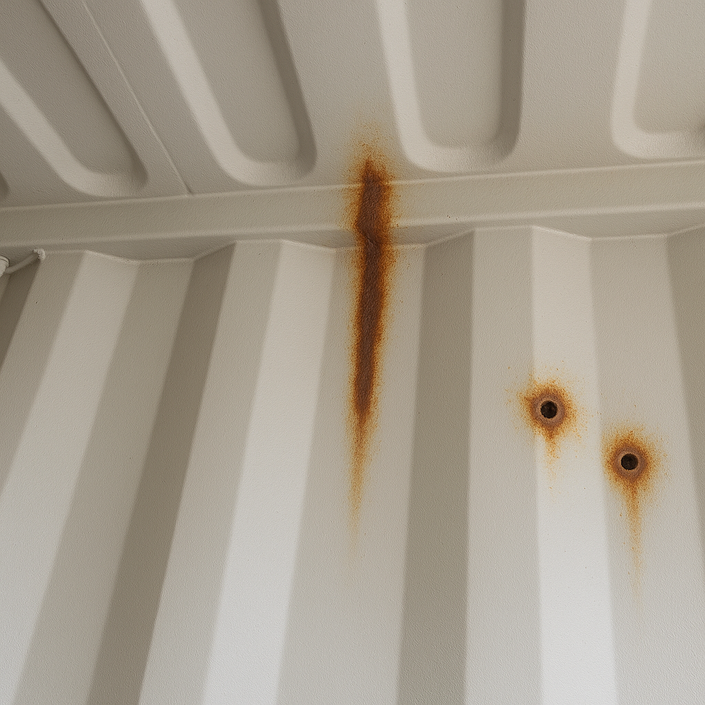 Traces de rouille autour d’un perçage dans un container