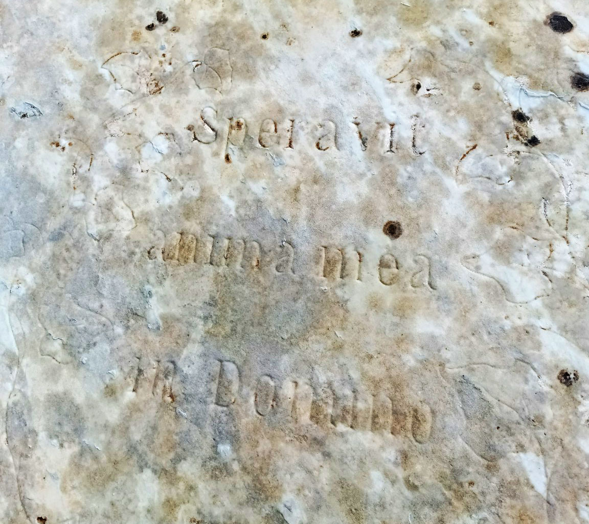 Inscription « Speravit anima mea in Domino » gravée sur une pierre tombale