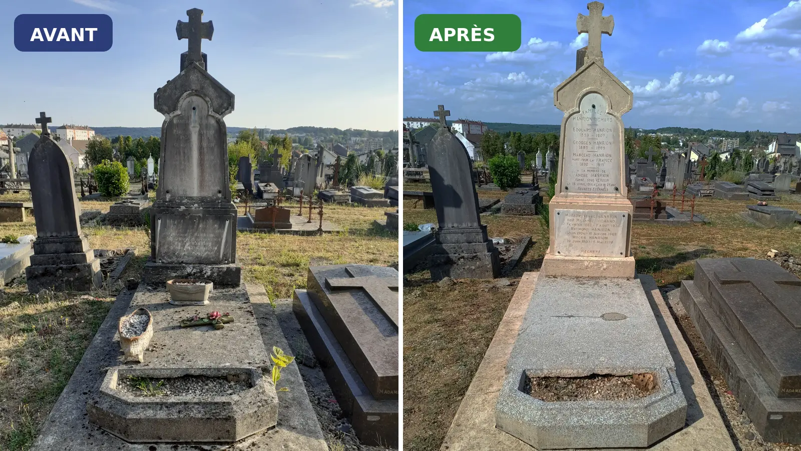 Sépulture familiale avant et après sa restauration à Charleville-Mézières